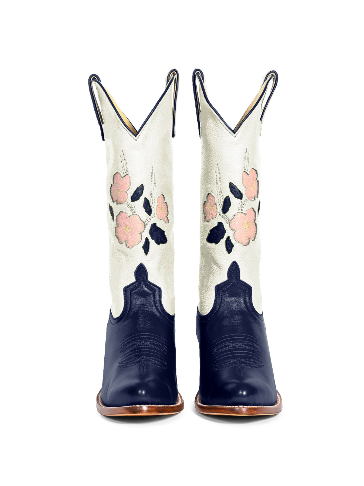 Contrast White And Dark Blue Almond-Toe Fresh Flower Inlay Mid Calf Cowgirl Boots