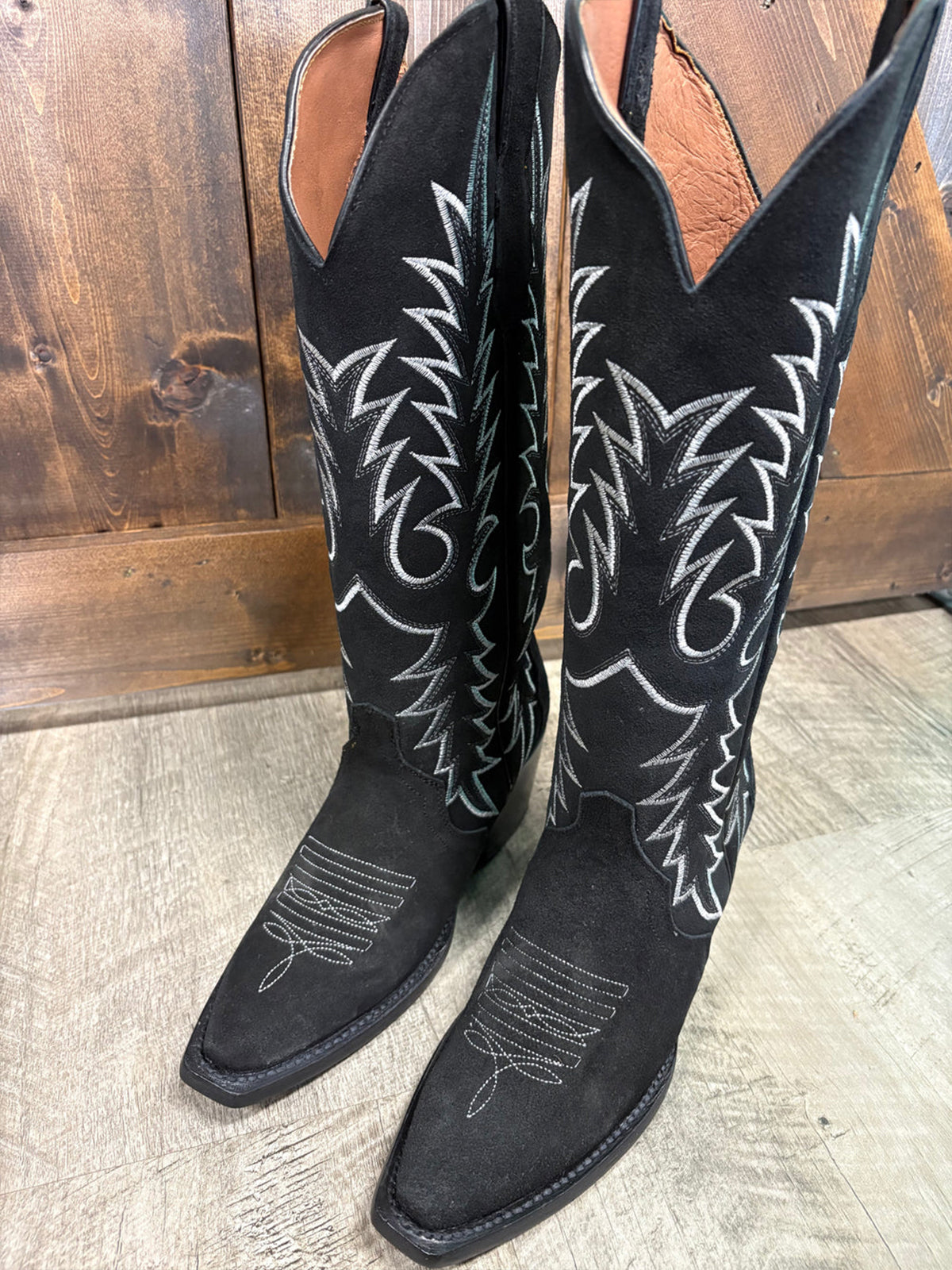 Black Faux Suede Snip-Toe Classic Embroidery Wide Calf Knee High Cowgirl Boots