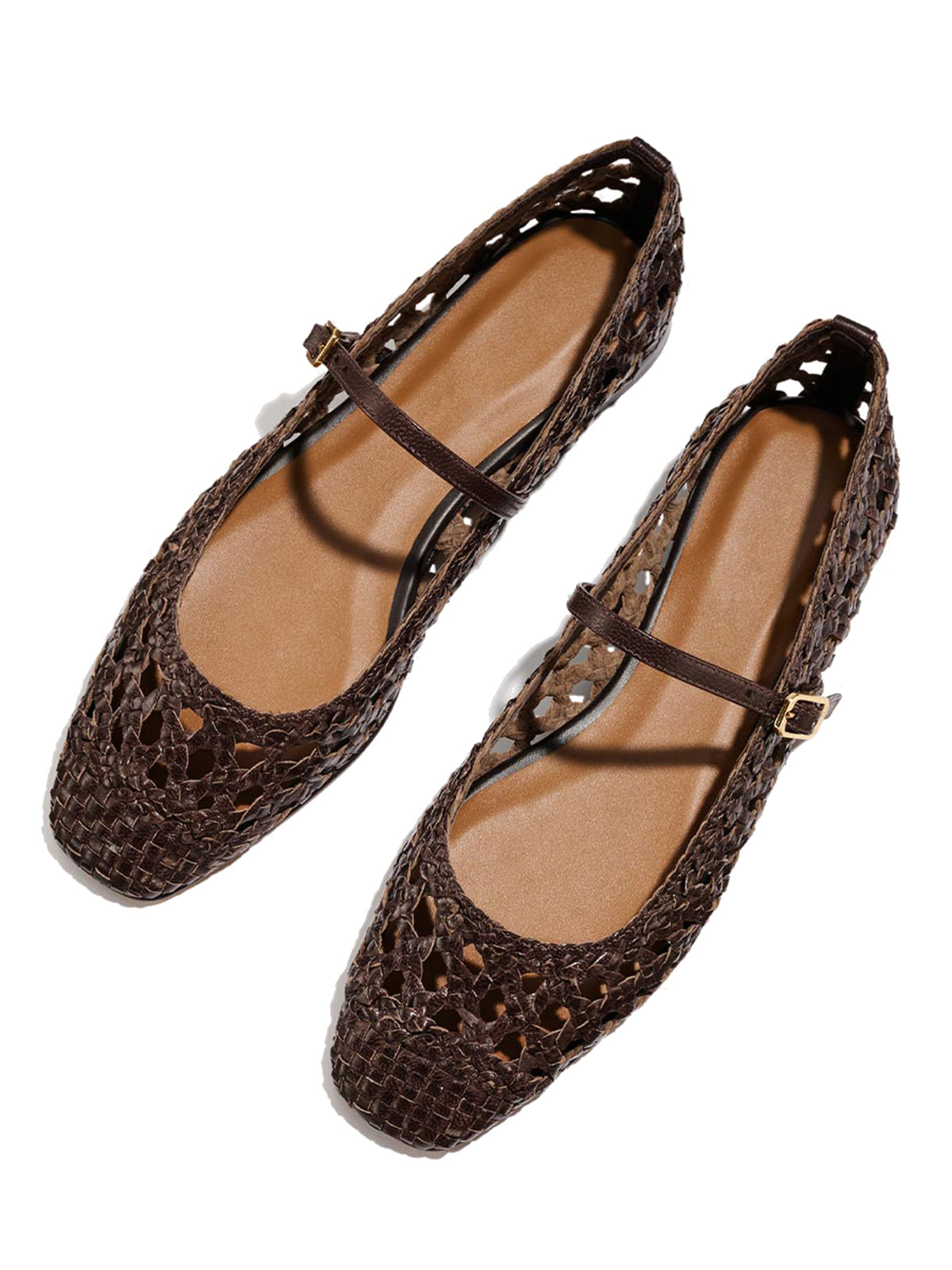 Coffee Woven Vegan Leather Square-Toe Chic Mary Jane Flats