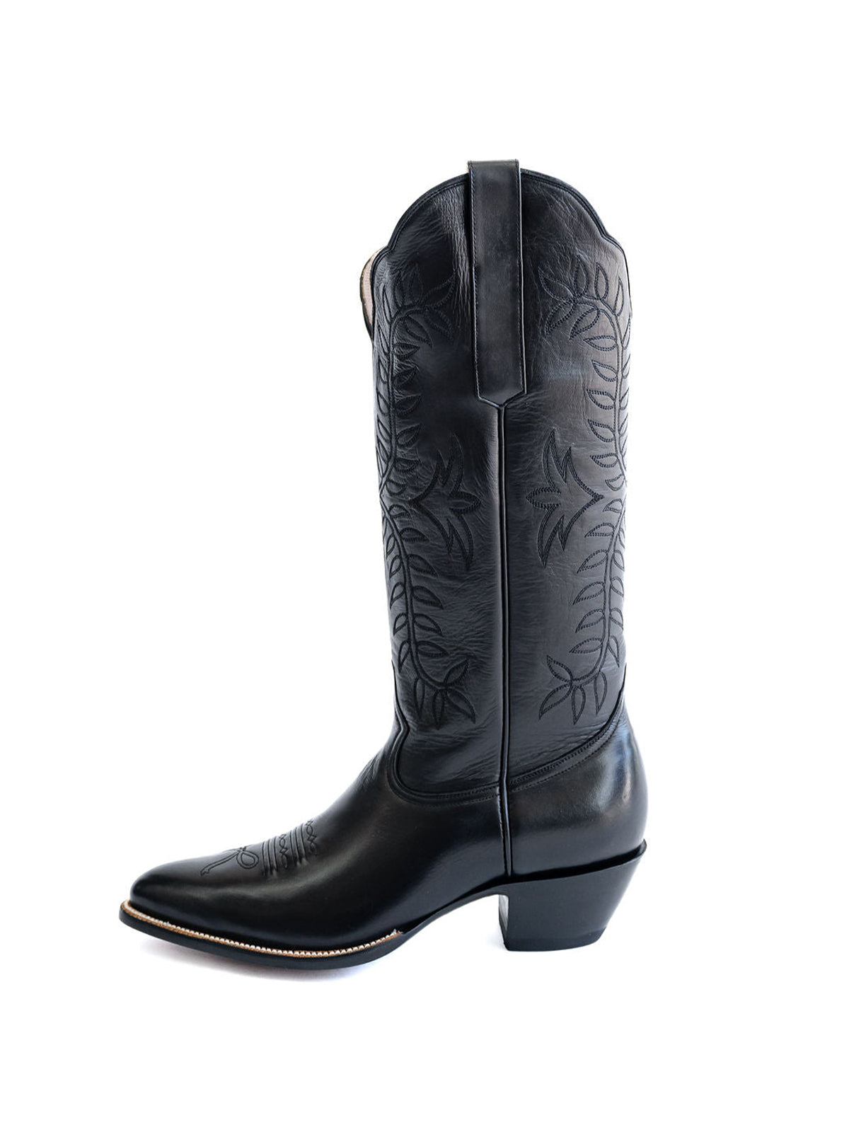 Leaves Embroidery Almond-Toe Wide Knee High Cowgirl Boots - Black