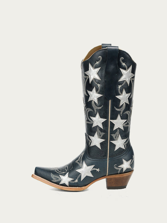 Navy Snip-Toe Chic Stars Inlay With Embroidery Mid Calf Cowgirl Boots
