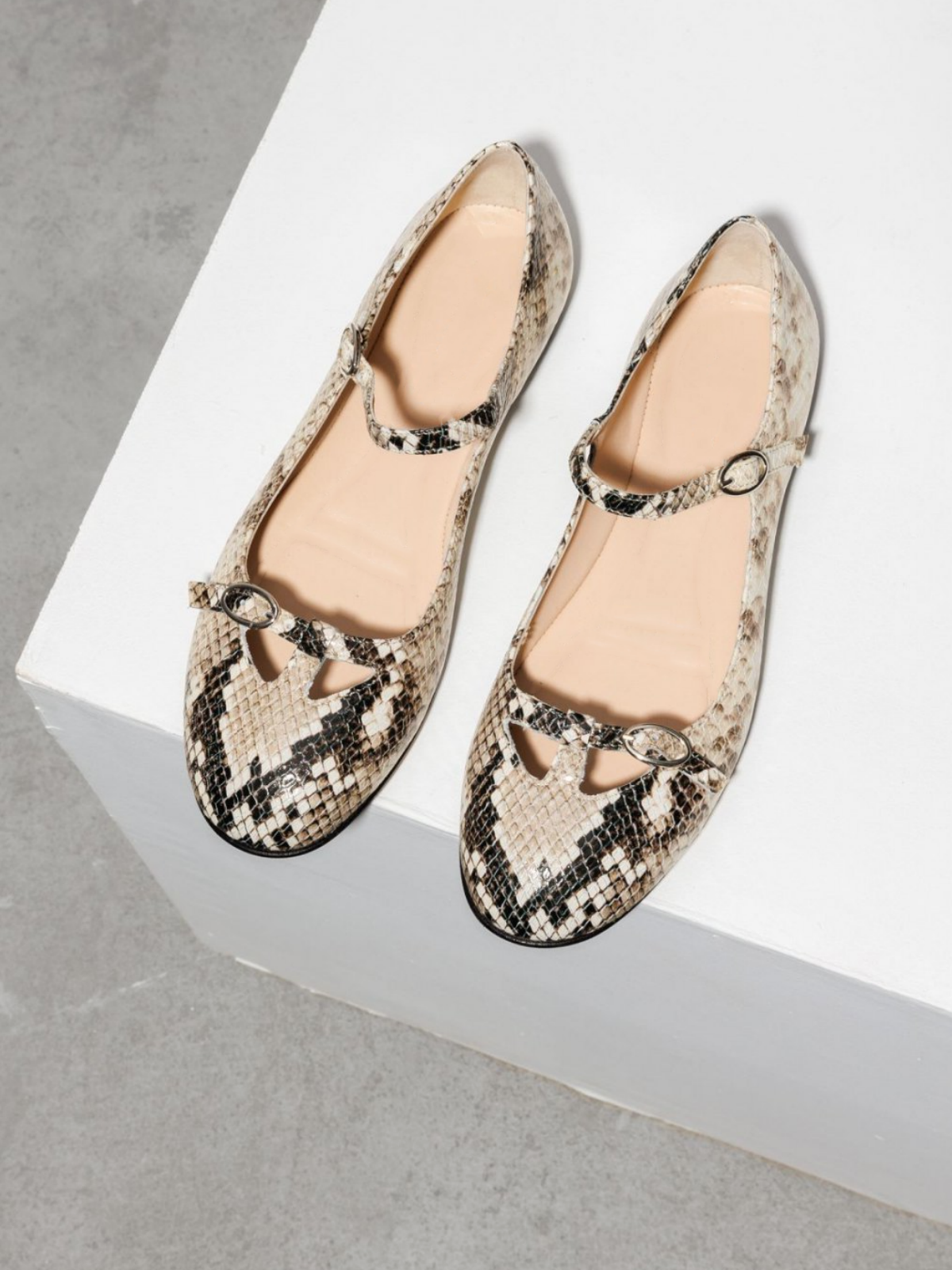 Tan Snakeskin Embossed Hollow-Out Buckled Strappy Ballet Flats