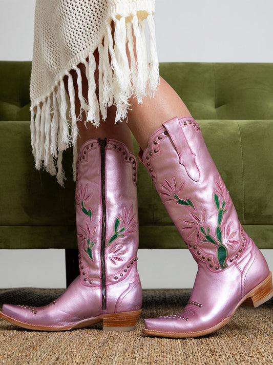 Metallic Pink Snip-Toe Cactus Inlay Studded Full-Zip Knee High Cowgirl Boots