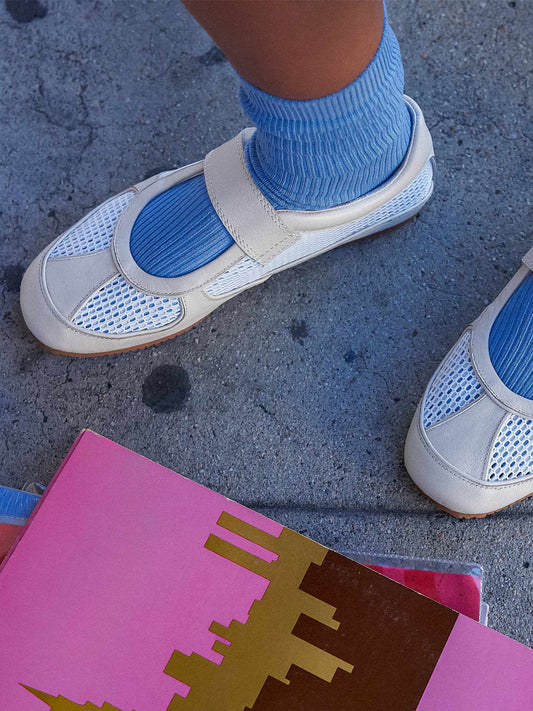 Beige Vegan Leather And White Mesh Round-Toe Mary Jane Sneakers