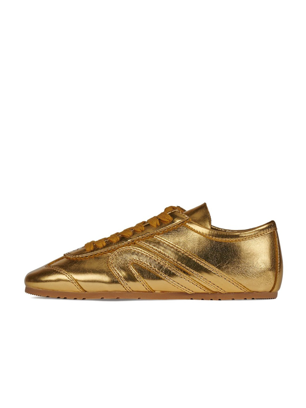 Metallic Gold Round-Toe Lace-Up Classic Sneakers Flats