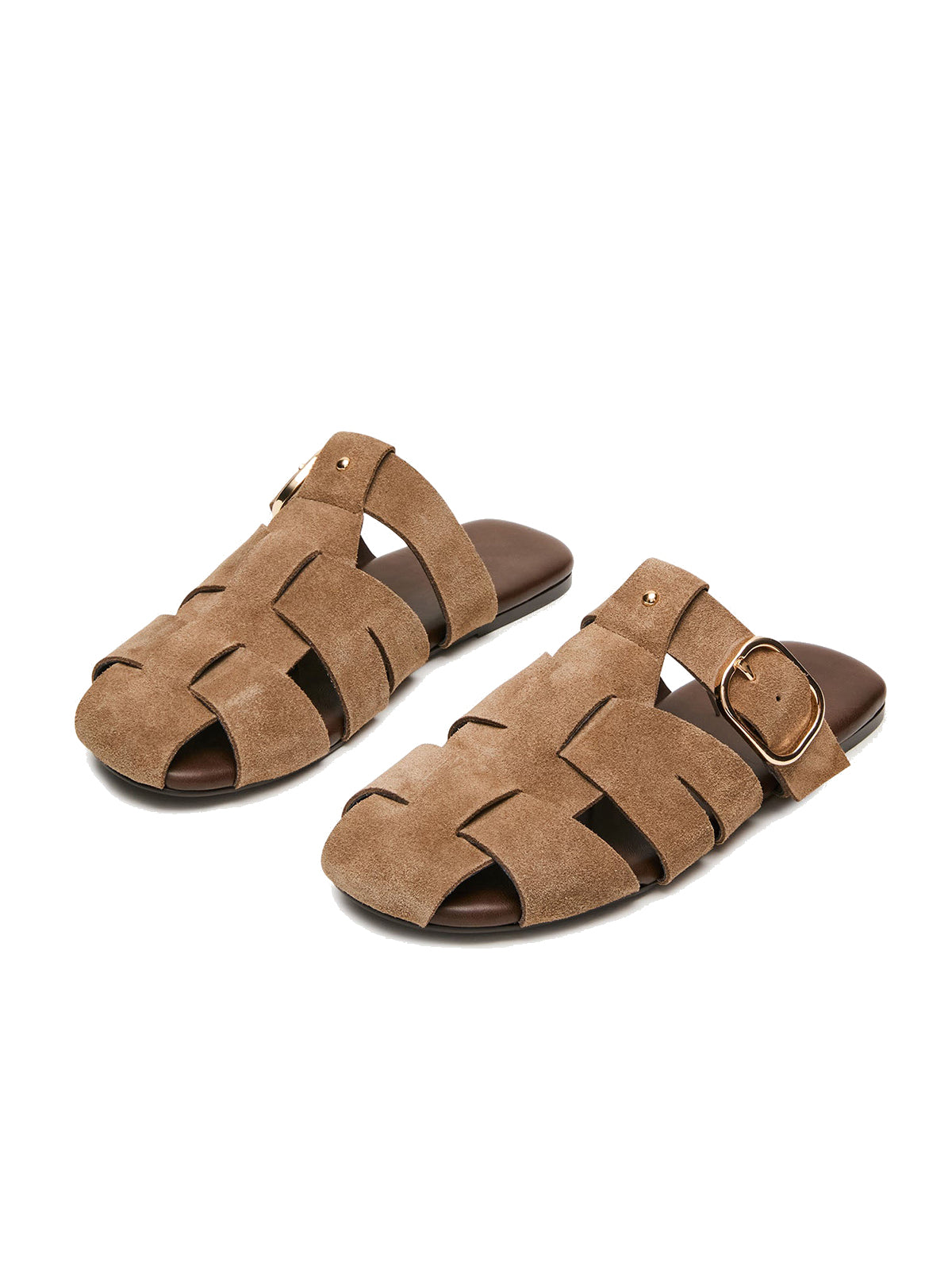 Taupe Faux Suede Round-Toe Caged Design Mules Flats