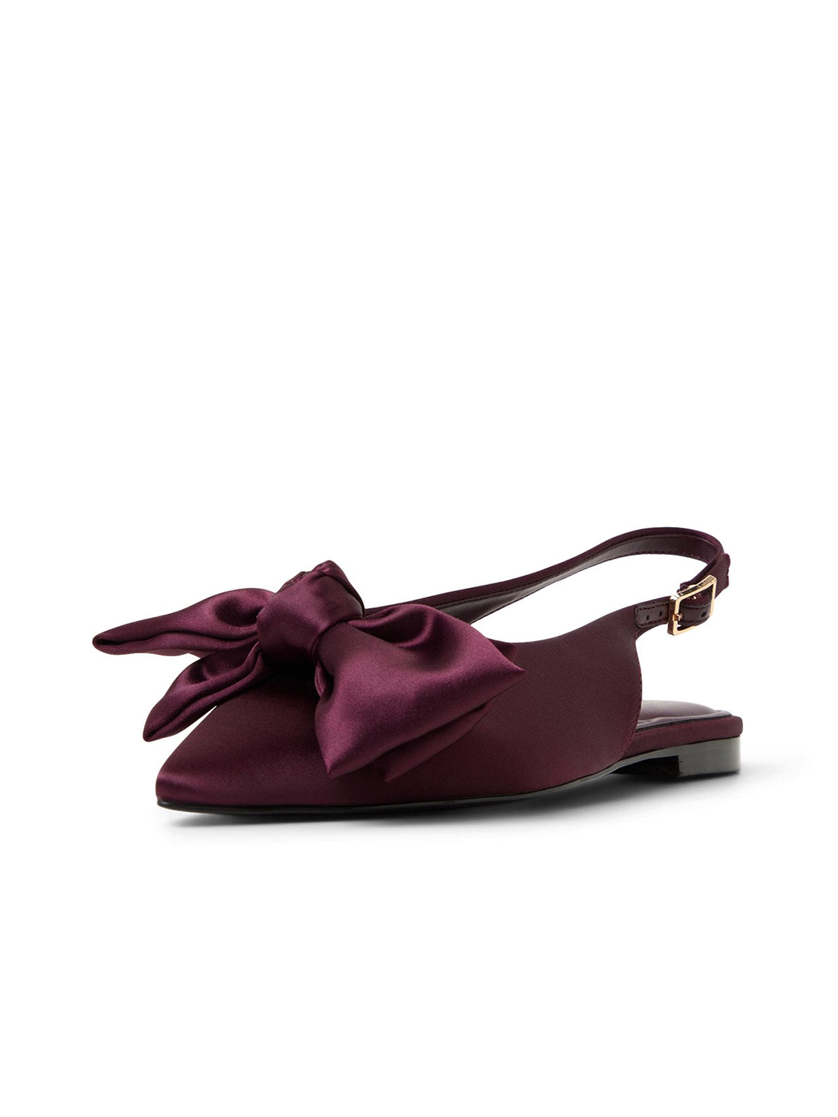 Burgundy Satin Pointed-Toe Front Big Bow Slingback Flats