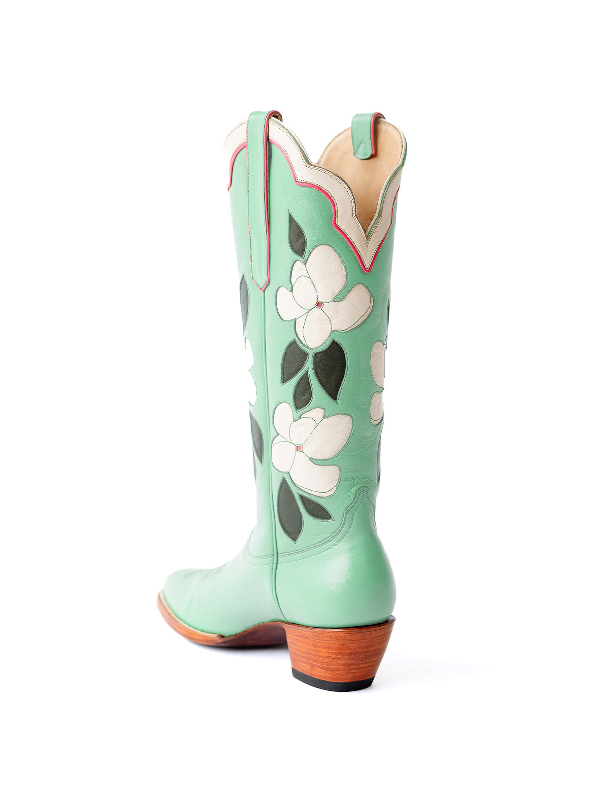 Mint Green Almond-Toe White Flower Inlay Wide Calf Knee High Cowgirl Boots