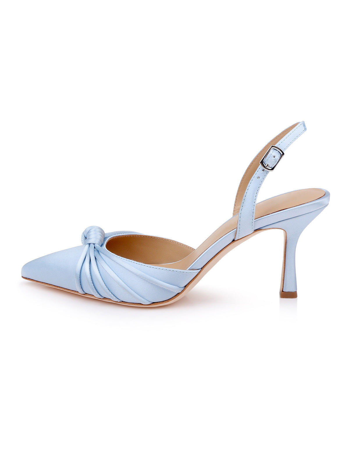 Blue Satin Pointed-Toe Front Knot And Slingback High Heels