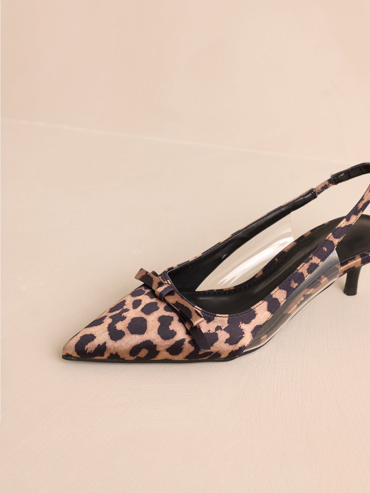 Leopard Satin Pointed-Toe Front Bow Slingback Kitten Heels With Transparent Film TPU