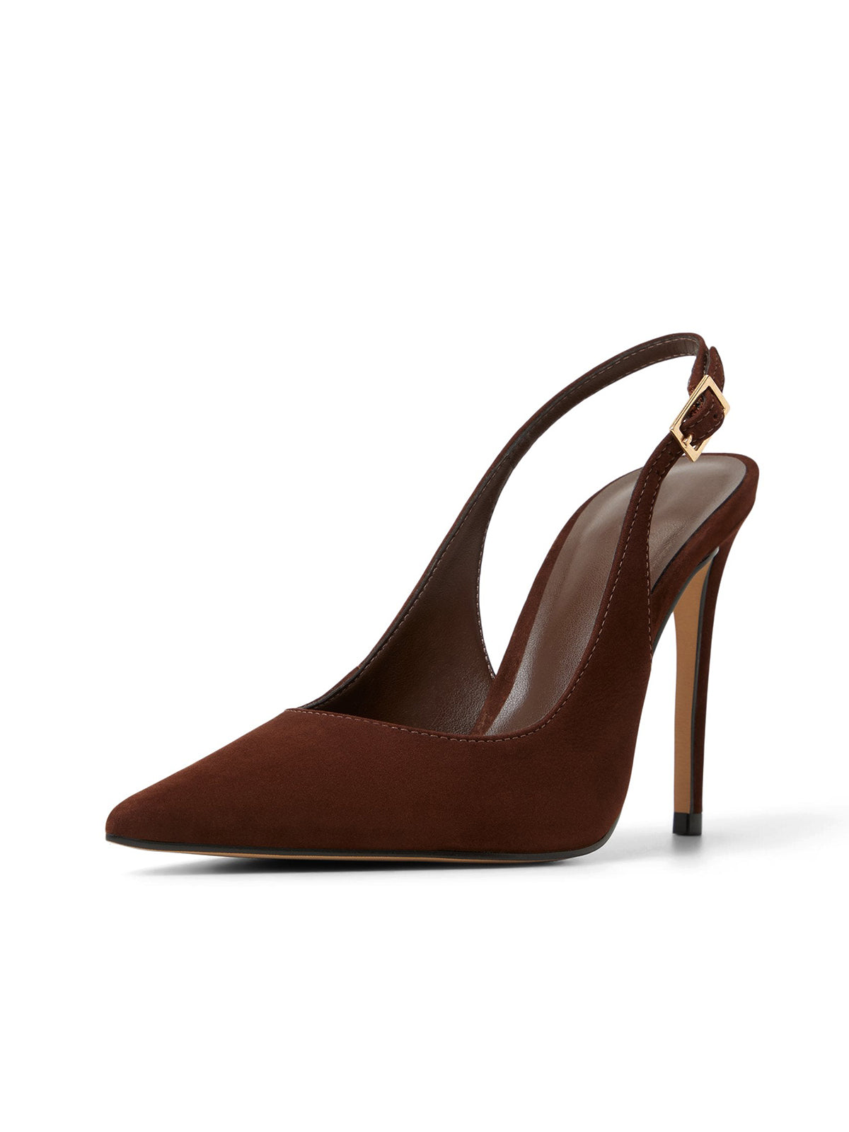 Dark Brown Faux Suede Pointed-Toe Classic Buckle Slingback High Heels