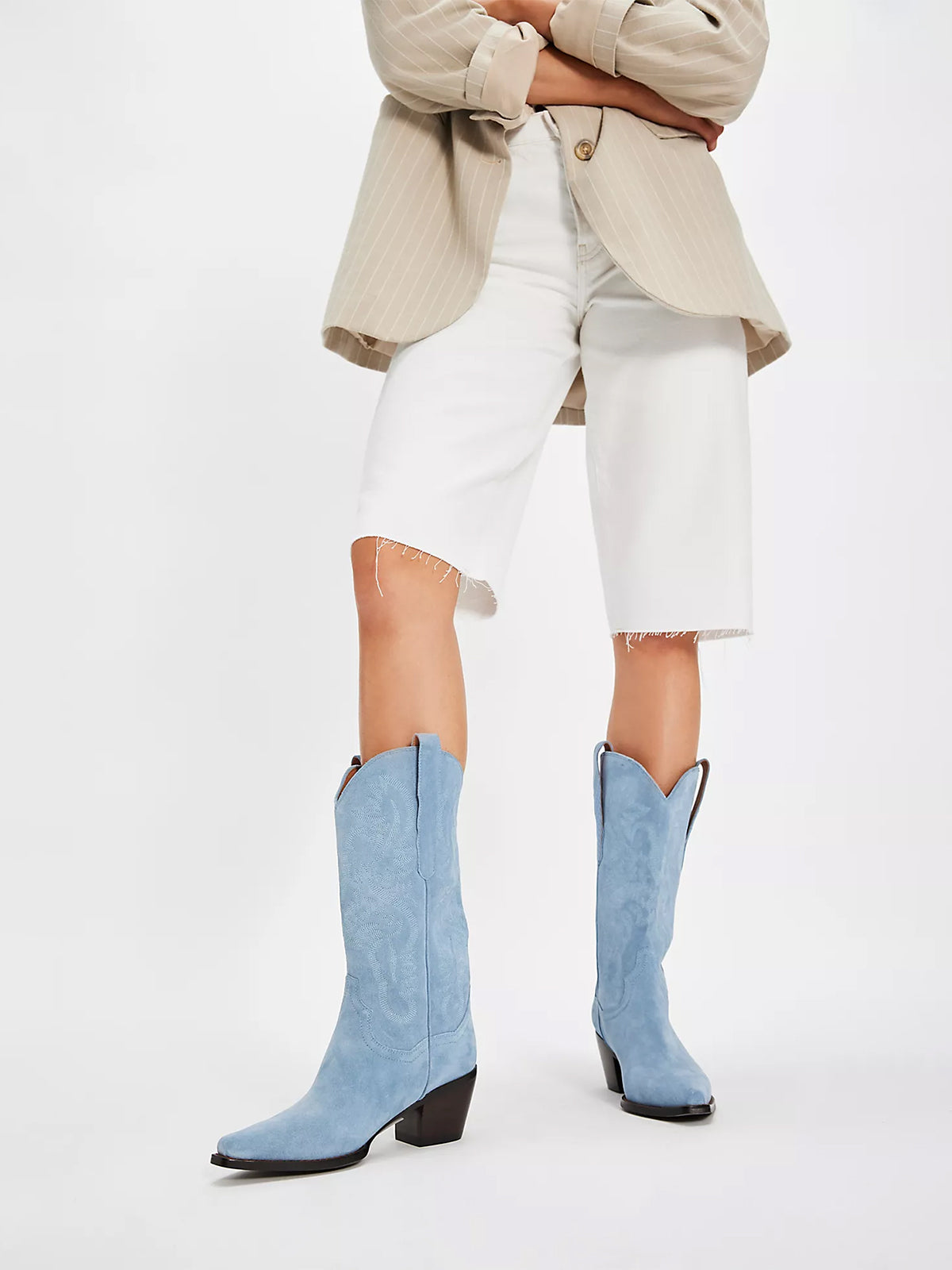 Blue Faux Suede Snip-Toe Western Embroidery Mid Calf Cowgirl Boots