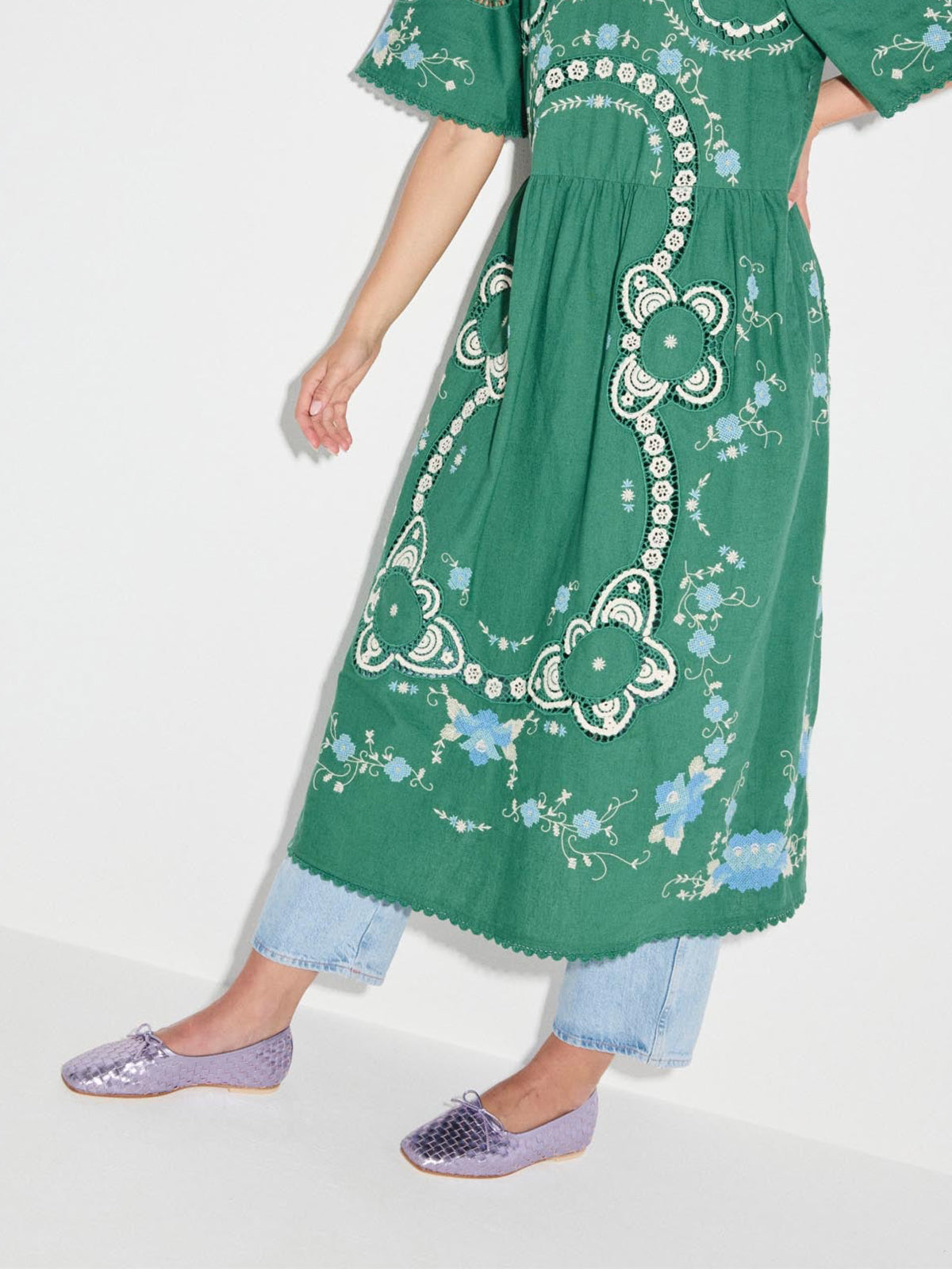 Vegan Leather Woven Square-Toe Bow Ballet Flats - Metallic Purple