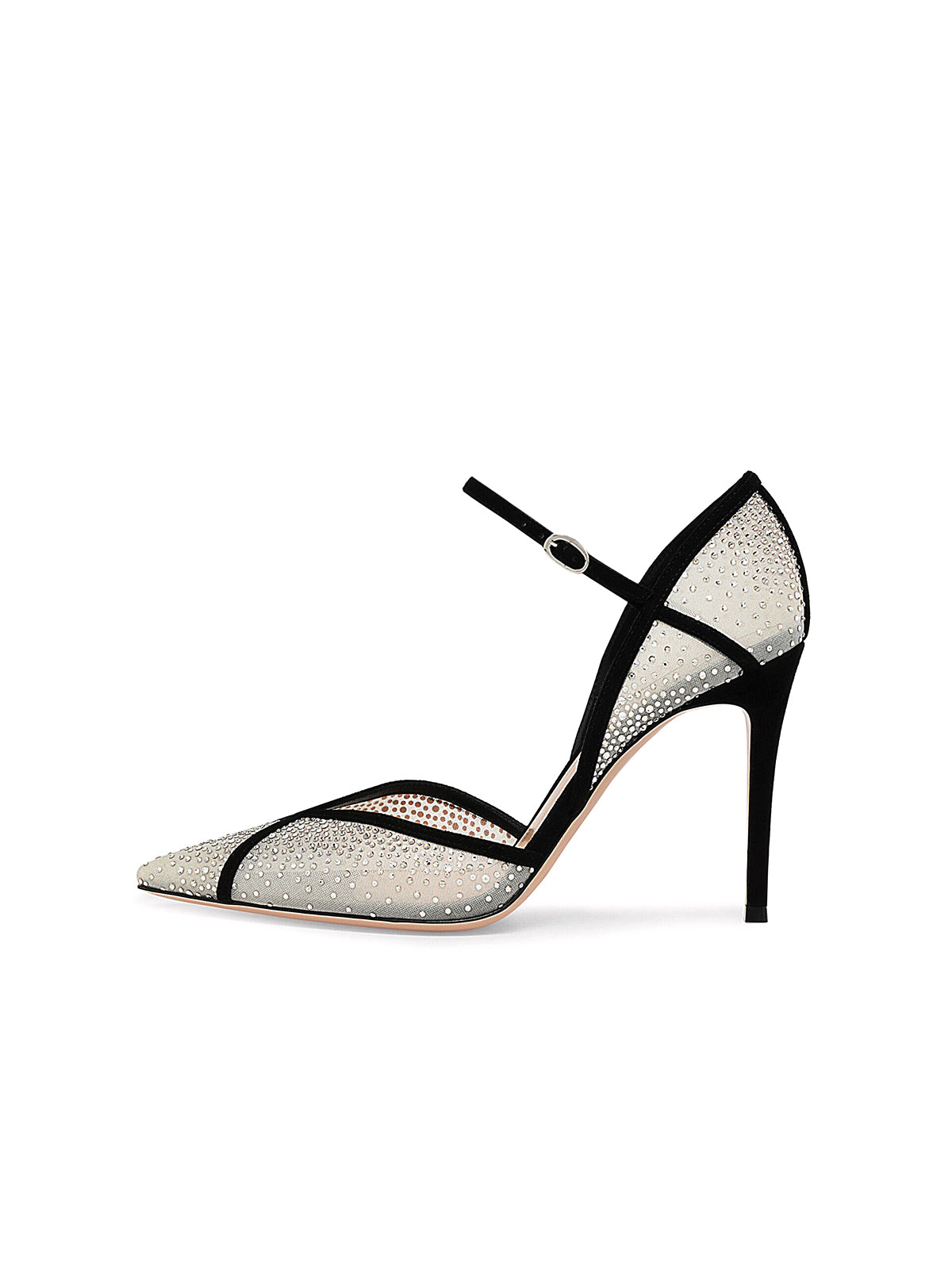 Mesh And Black Faux Suede Pointed-Toe Rhinestones And Mary Jane High Heels