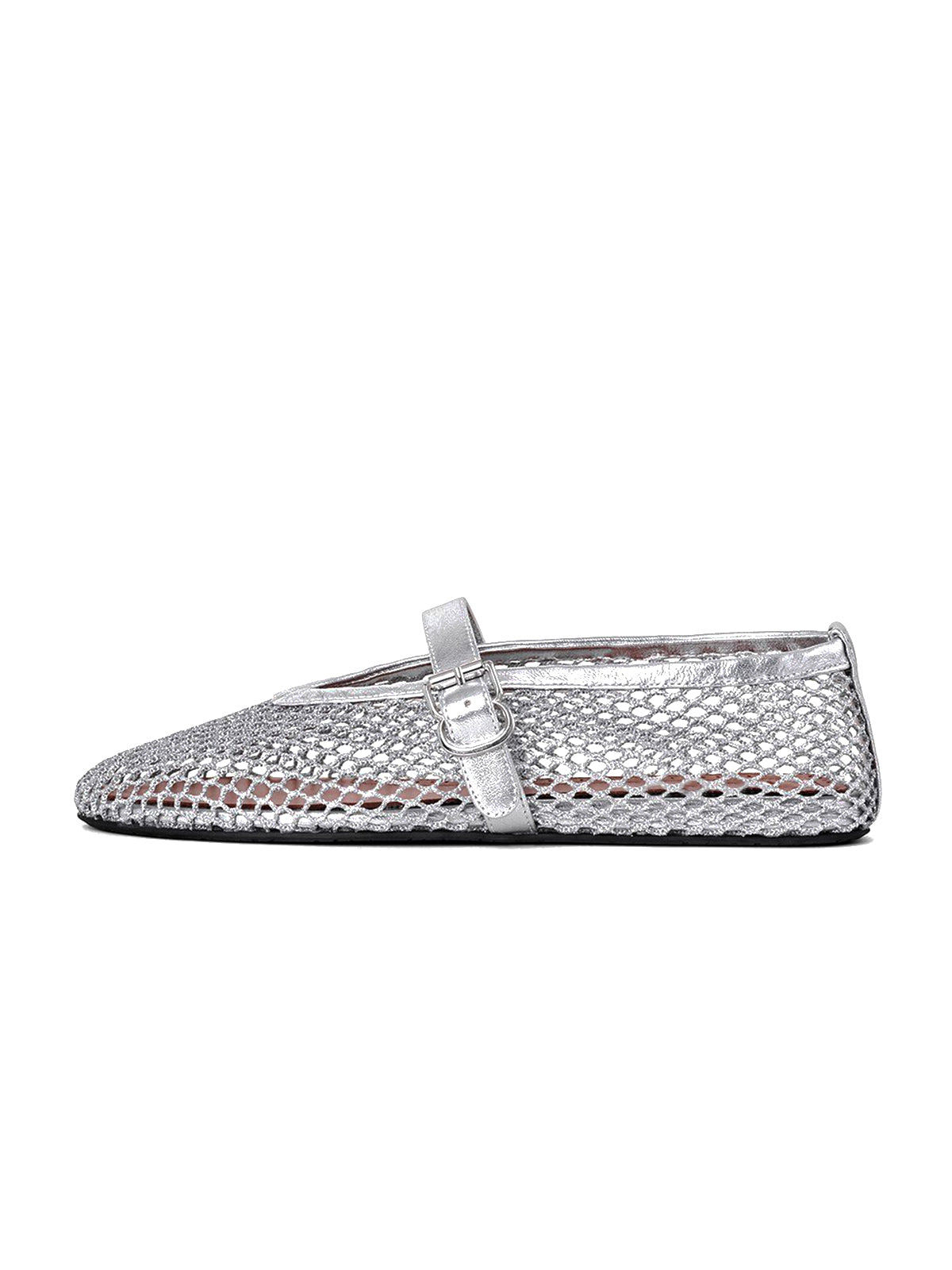 Metallic Silver Mesh And Vegan Leather Round-Toe Buckle Bridge Strap Flats