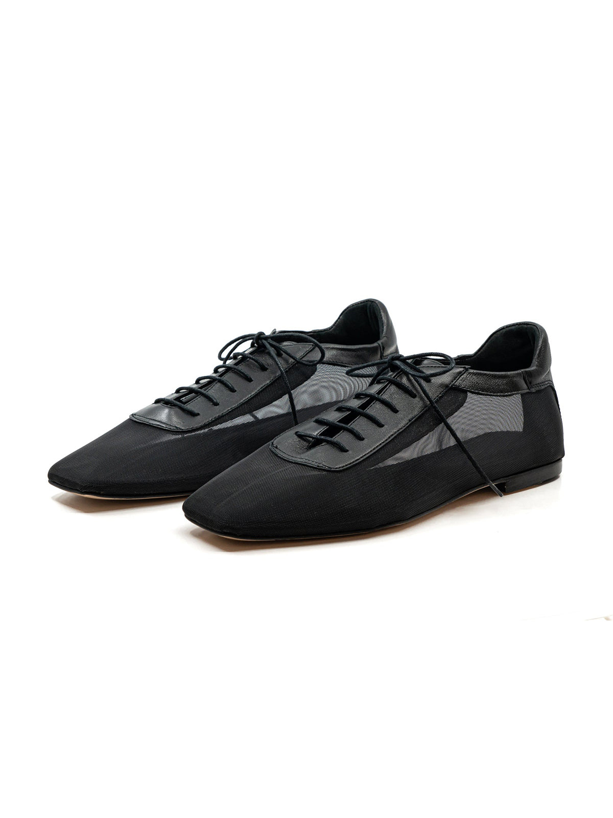 Black Mesh And Vegan Leather Square-Toe Lace-Up Simple Flats
