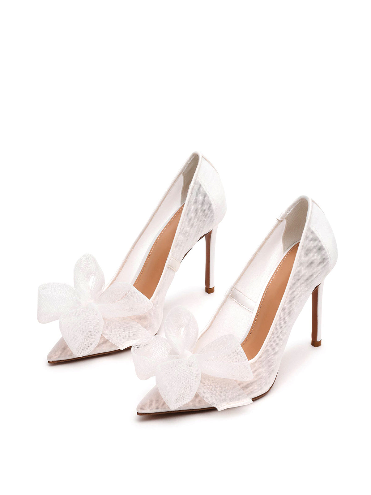White Satin Mesh Pointed-Toe Big Front Bow Classic High Heels