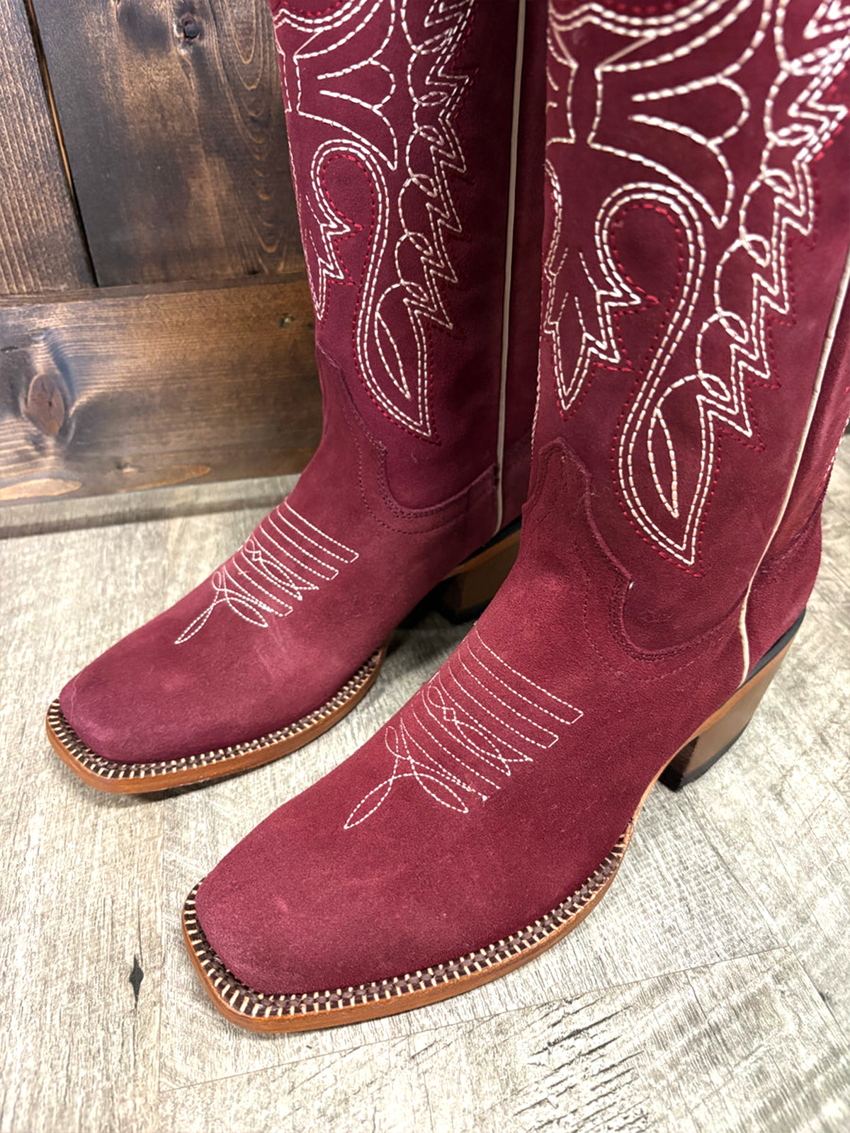 Burgundy Faux Suede Square-Toe Classic Embroidery Wide Calf Knee High Cowgirl Boots