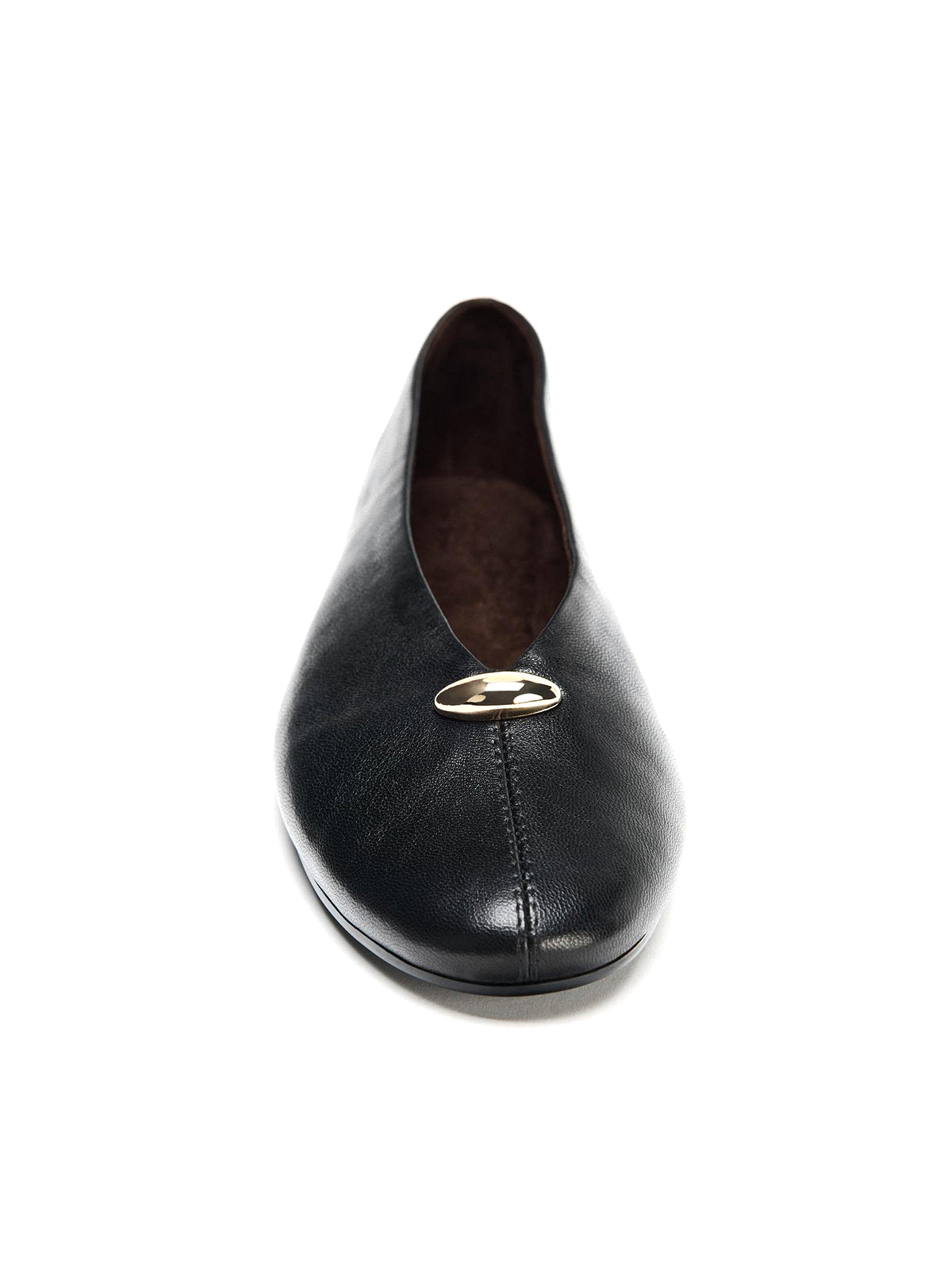 Black Round-Toe V-Cut Vamp Front Metal Block Flats