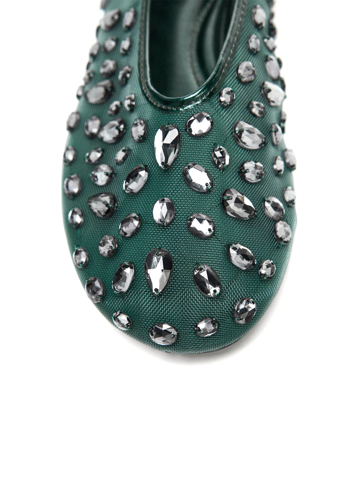 Green Mesh Round-Toe Full Crystals Ballet Flats