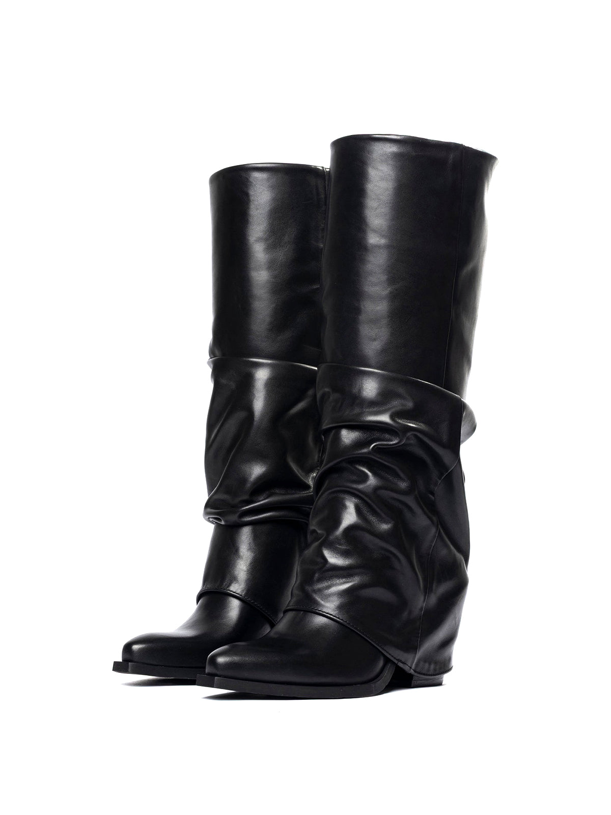 Black Snip-Toe Fold-Over Wide Calf Tall Knee High Cowgirl Boots