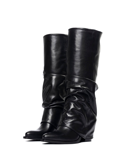 Black Snip-Toe Fold-Over Wide Calf Tall Knee High Cowgirl Boots