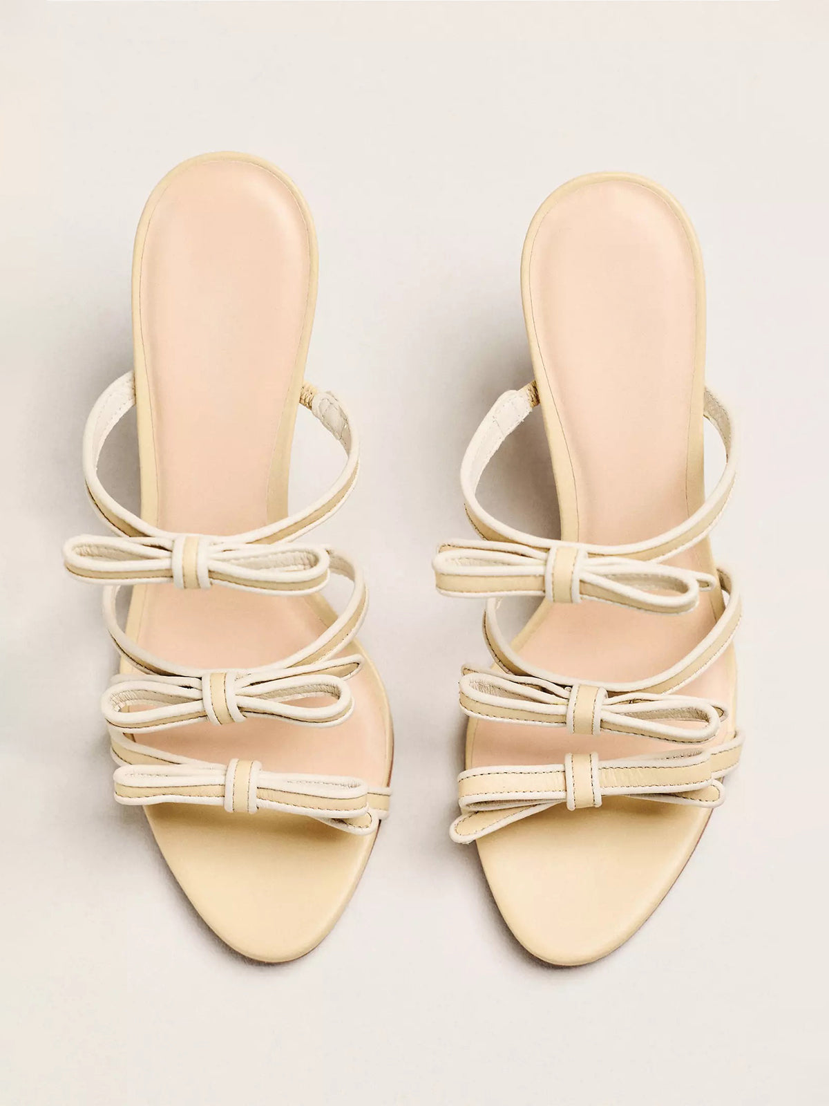 Nude Peep Round-Toe Triple-Bow Backless High Heels