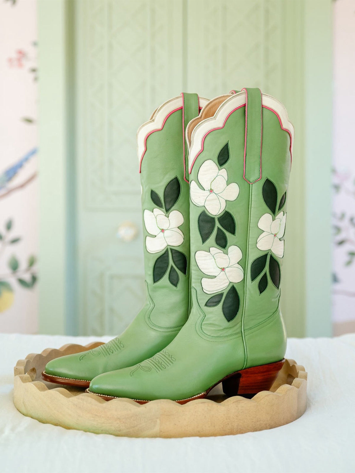 Green Almond-Toe White Flower Inlay Wide Calf Knee High Cowgirl Boots