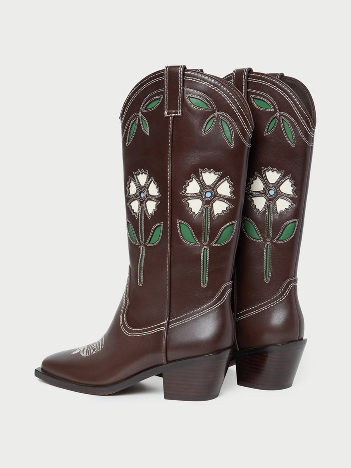 Coffee Square-Toe White Flowers Inlay Chic Mid Calf Cowgirl Boots