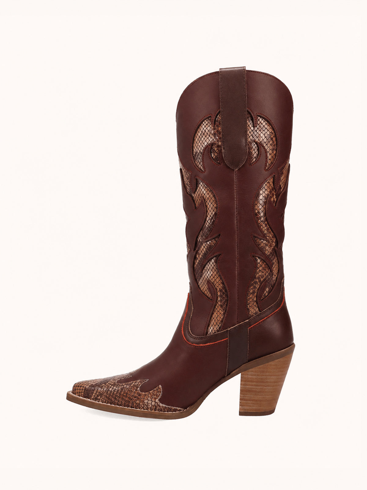 Contrast Burgundy And Cow Pattern Snip-Toe Mid Calf Cowgirl Boots