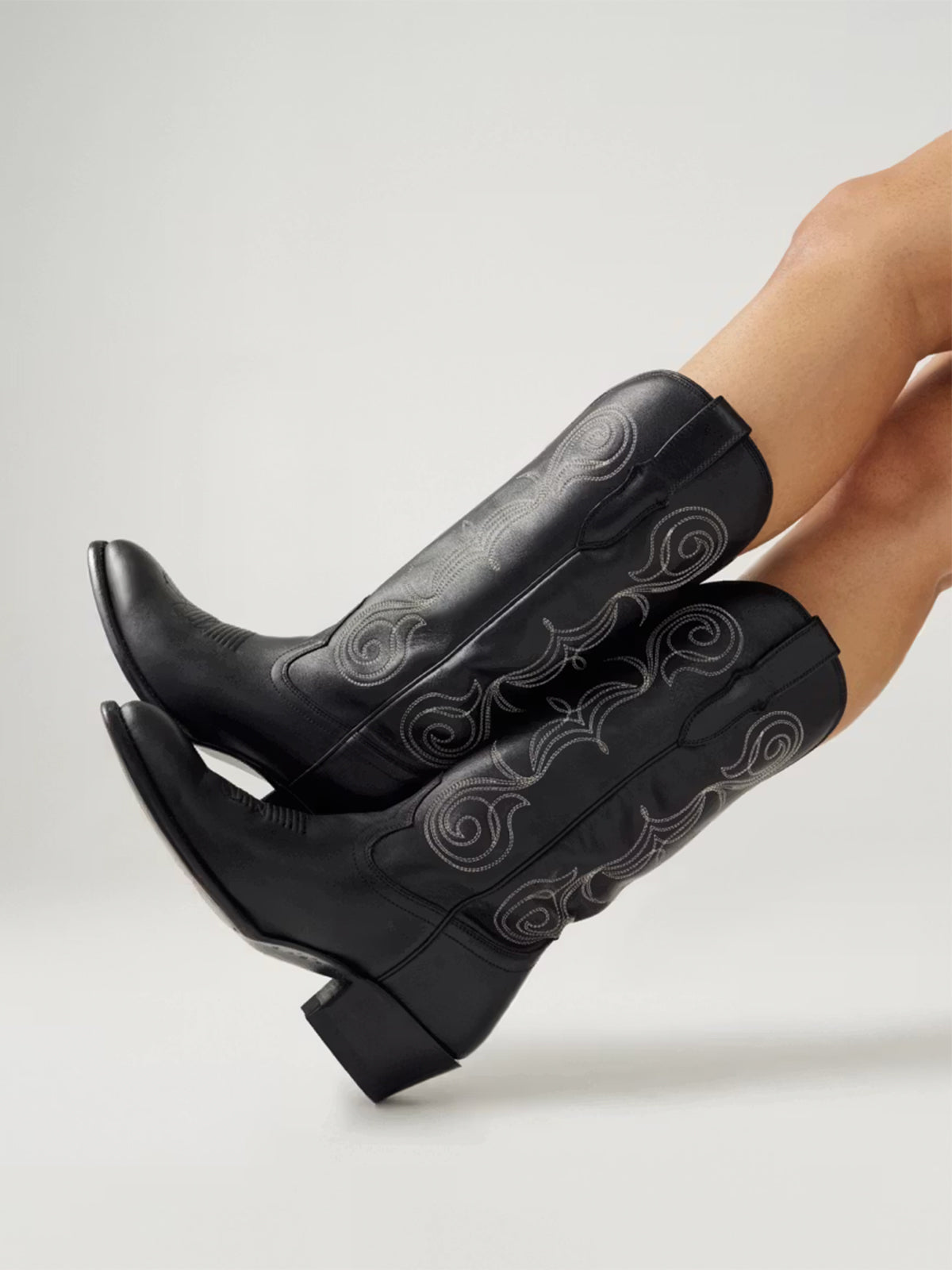 Black Round-Toe Knee High Wide Calf Embroidery Cowgirl Boots
