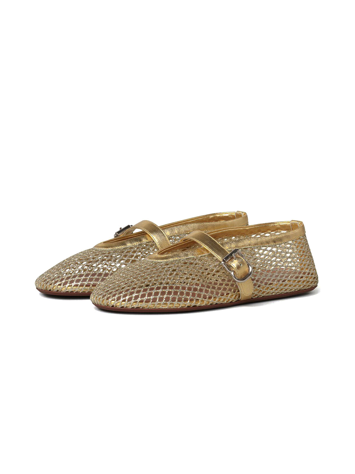 Metallic Gold Mesh And Vegan Leather Round-Toe Buckle Bridge Strap Flats