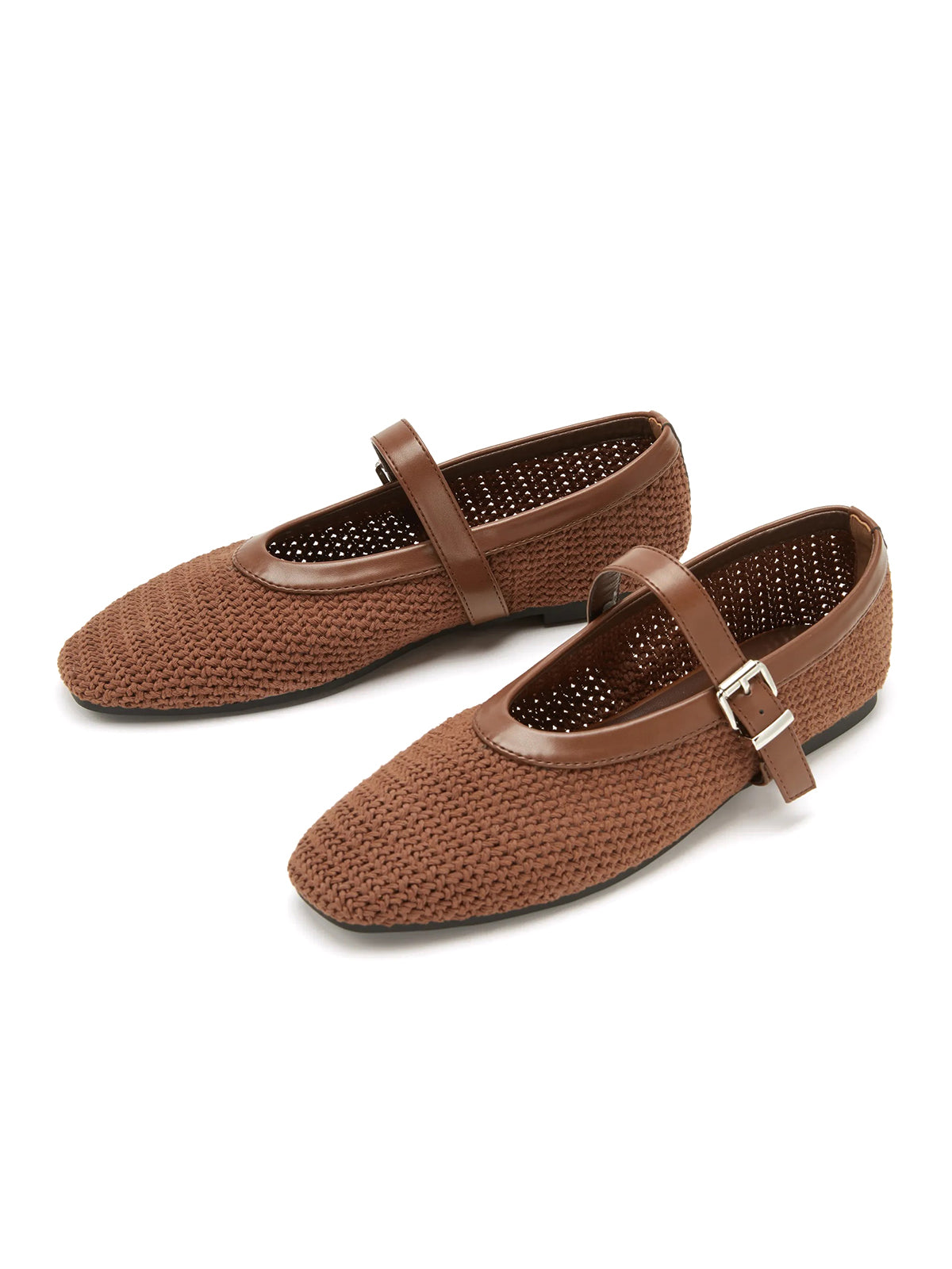 Brown Woven Square-Toe Classic Mary Jane Flats