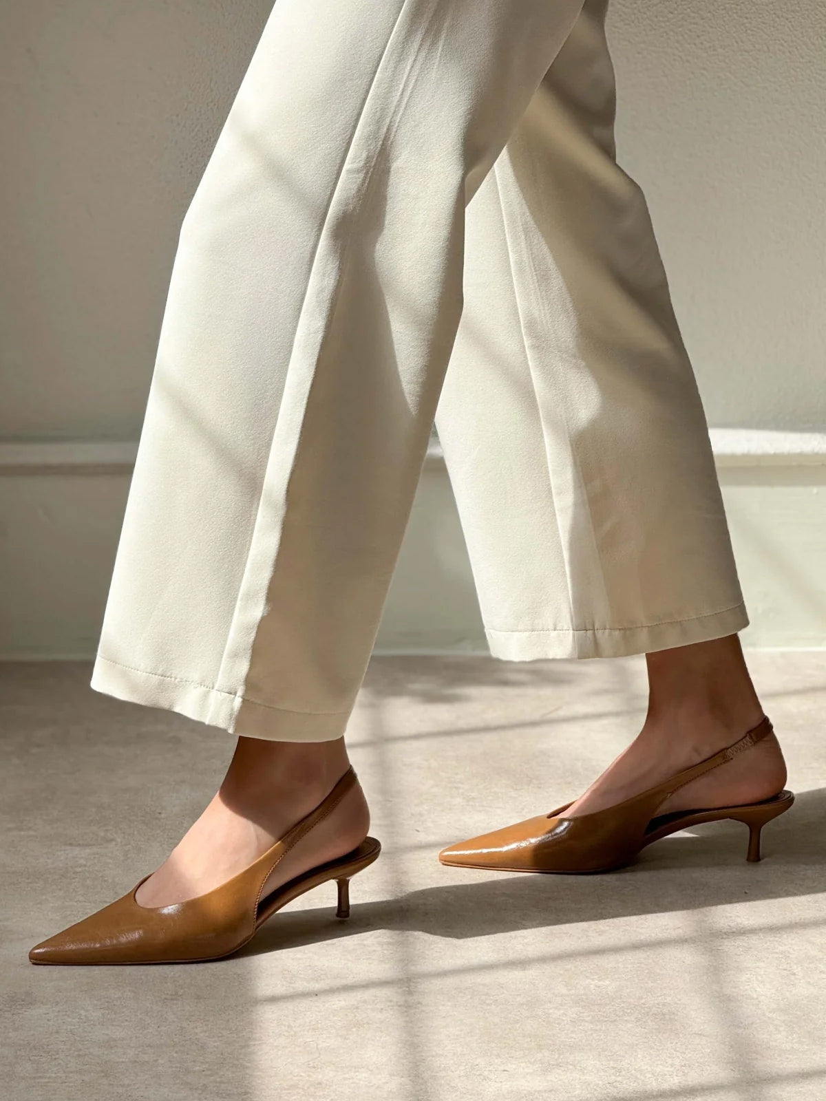 Slingback Pointed-Toe Kitten Heels - Tan