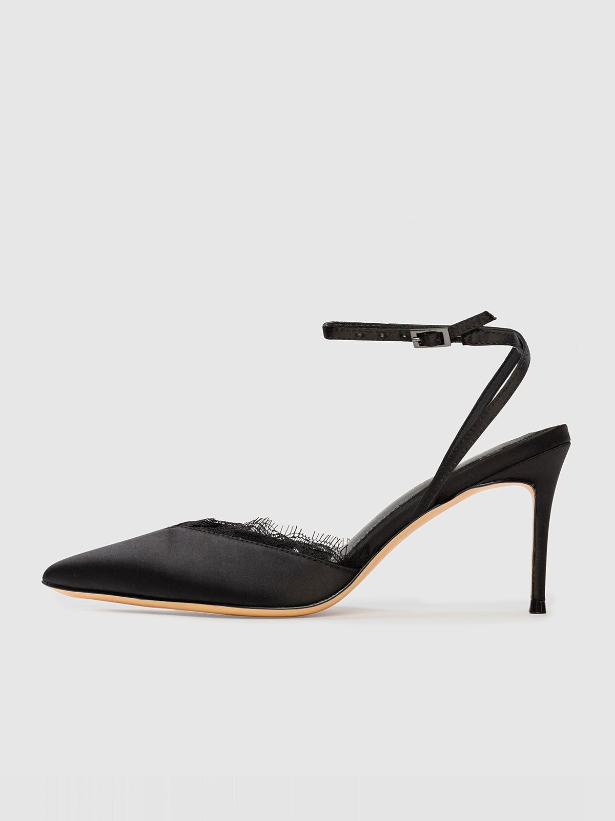 Black Satin Pointed-Toe Lace Upper Ankle Strap High Heels
