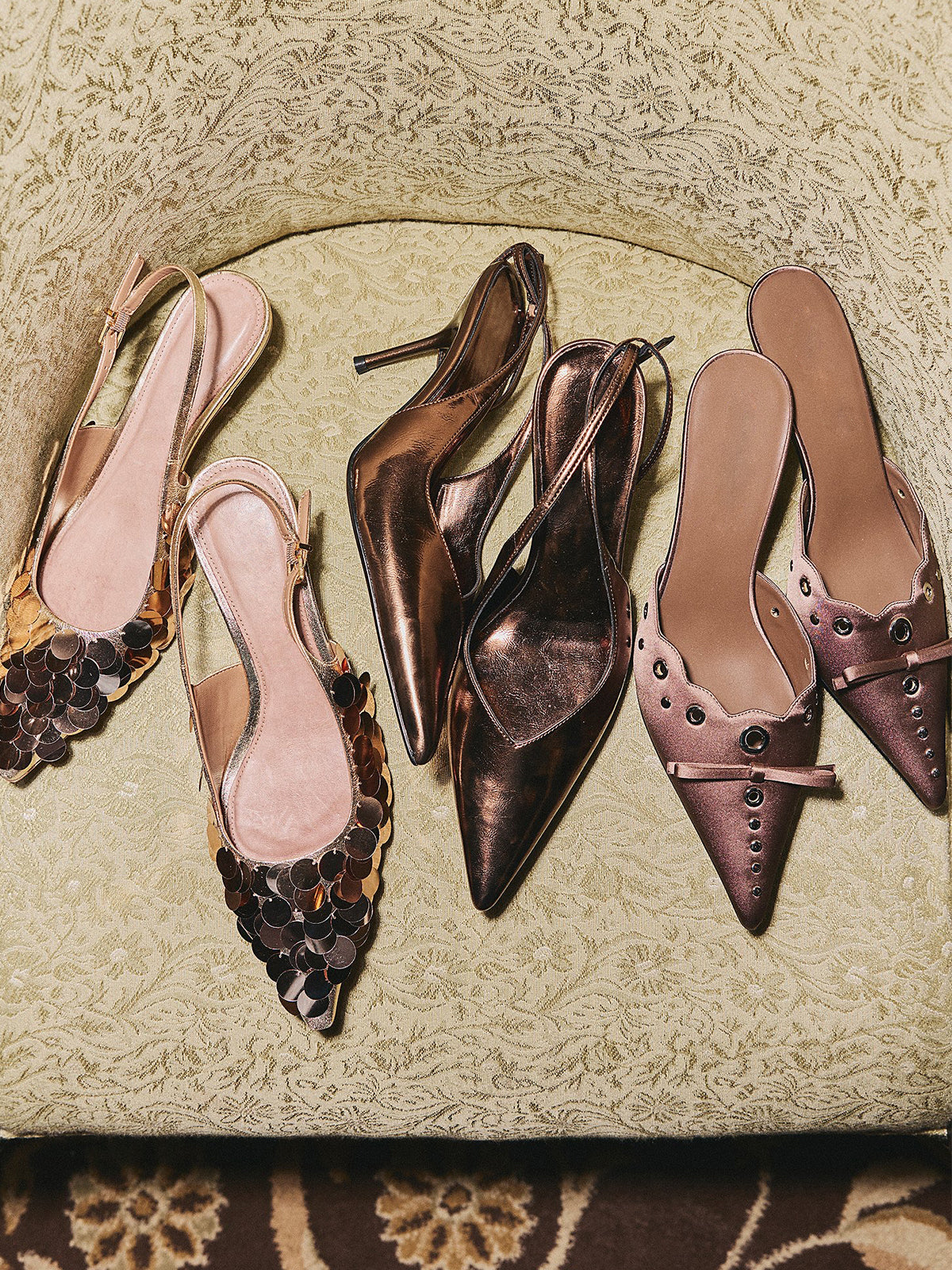 Coffee Satin Pointed-Toe Front Knot And Studs And Eyelets Kitten Heels