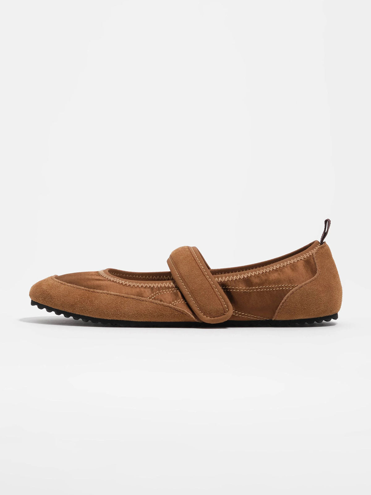 Tan Cow Suede And Satin Round-Toe Chic Mary Jane Strap Flats