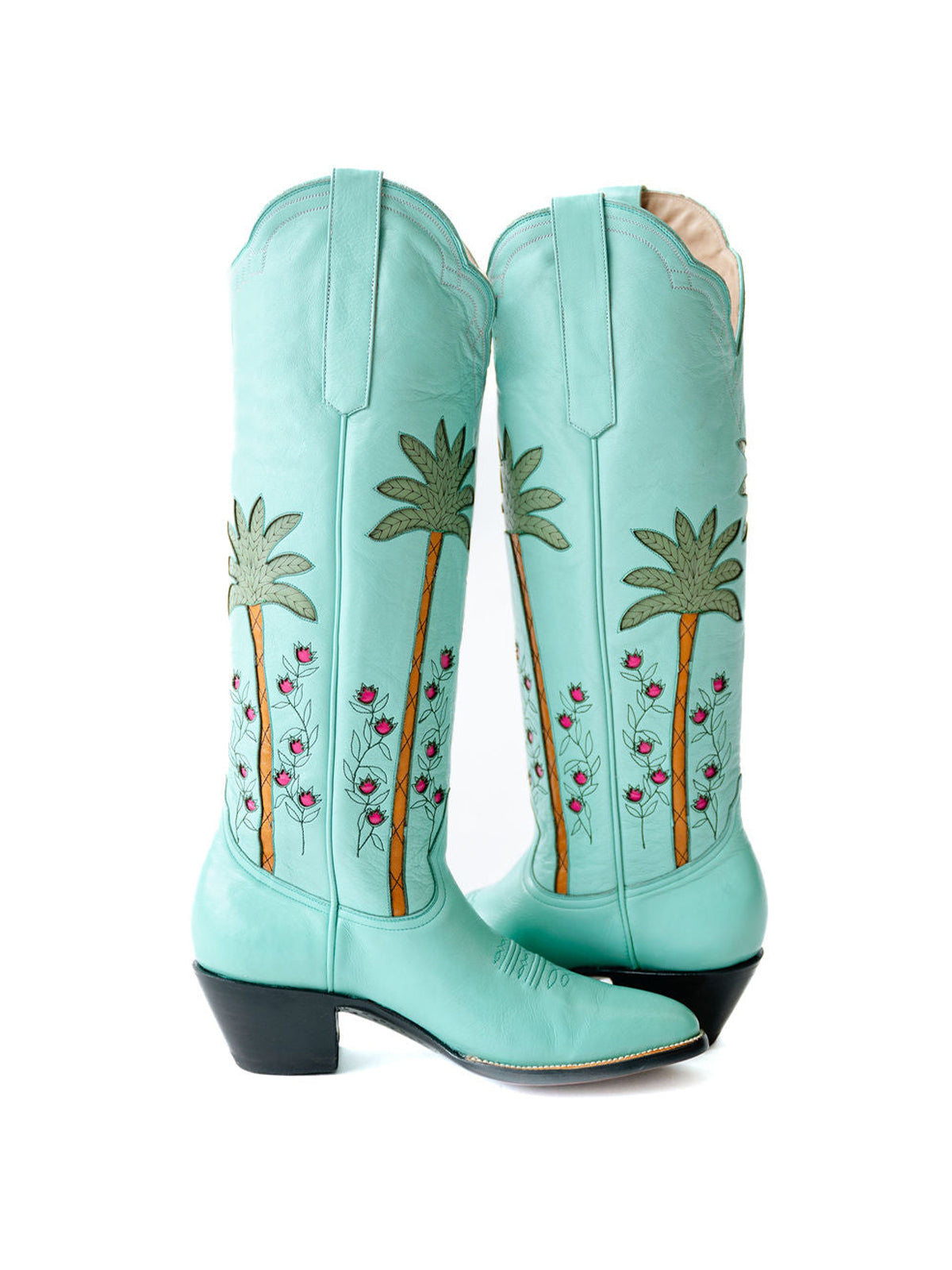 Light Green Almond-Toe Wide Calf Western Boots Knee High Tall Boots With Green Palm Inlay
