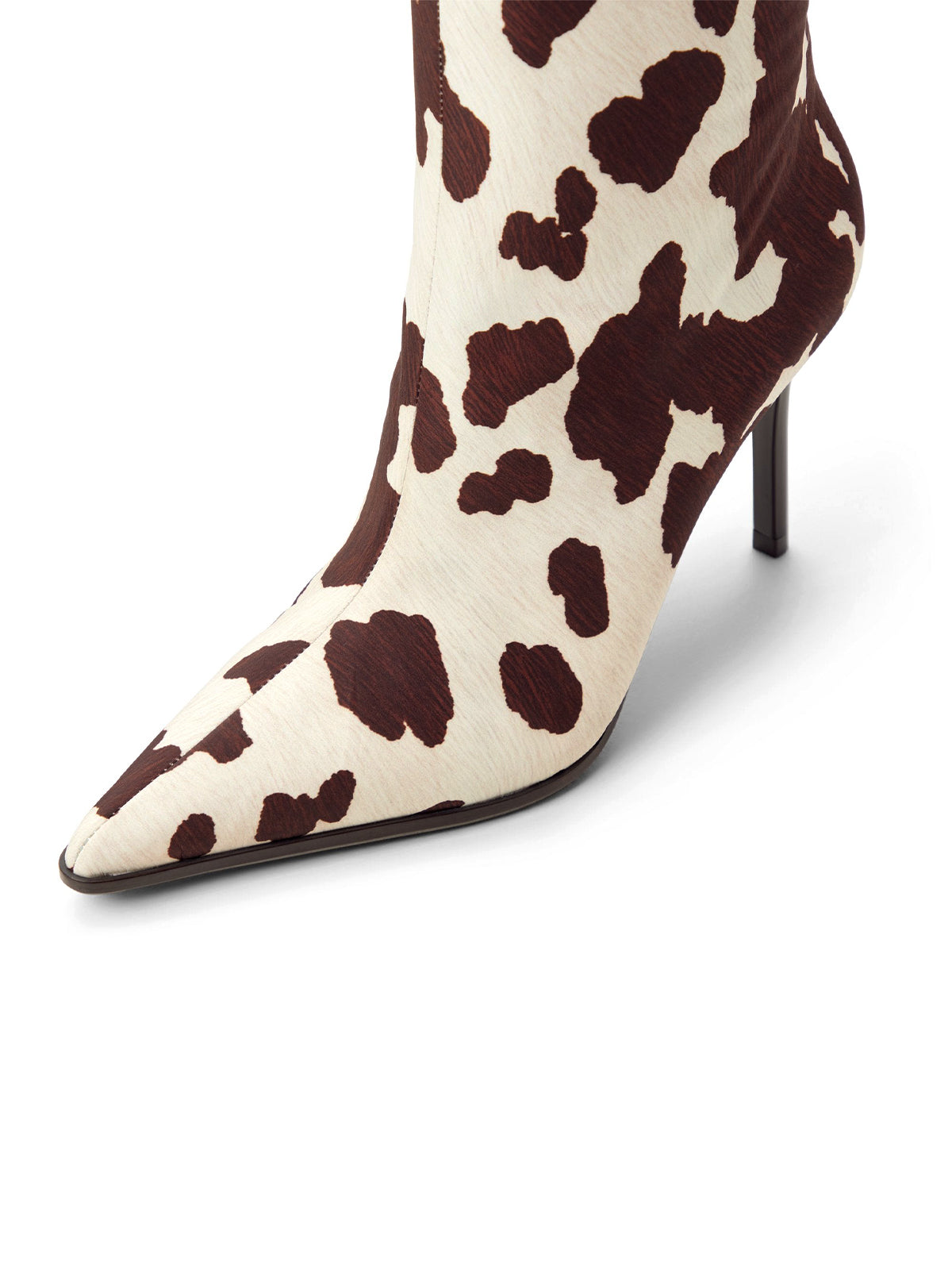 Cow Print Pointed-Toe Full-Zip Knee High Stiletto Boots