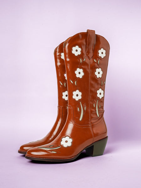 Flower Inlay Cowgirl Wide Calf Western Boots In Glossy Burnt