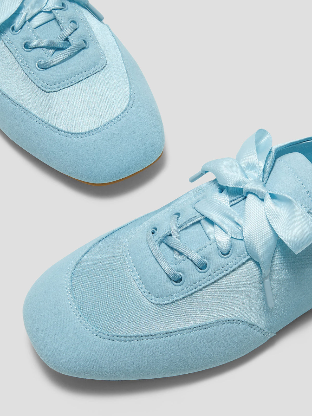 Blue Satin And Faux Suede Square-Toe Floral Embroidery Lace-Up Flats