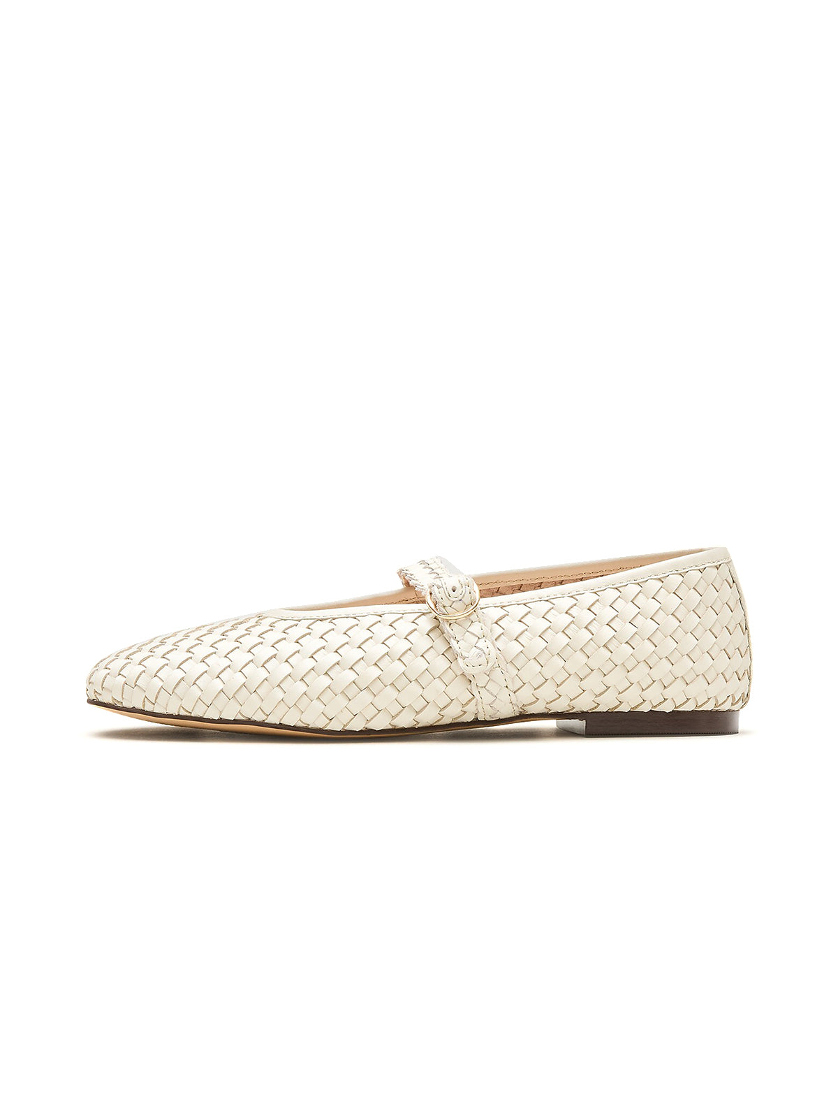 Ivory Woven Vegan Leather Round-Toe Mary Jane Ballet Flats