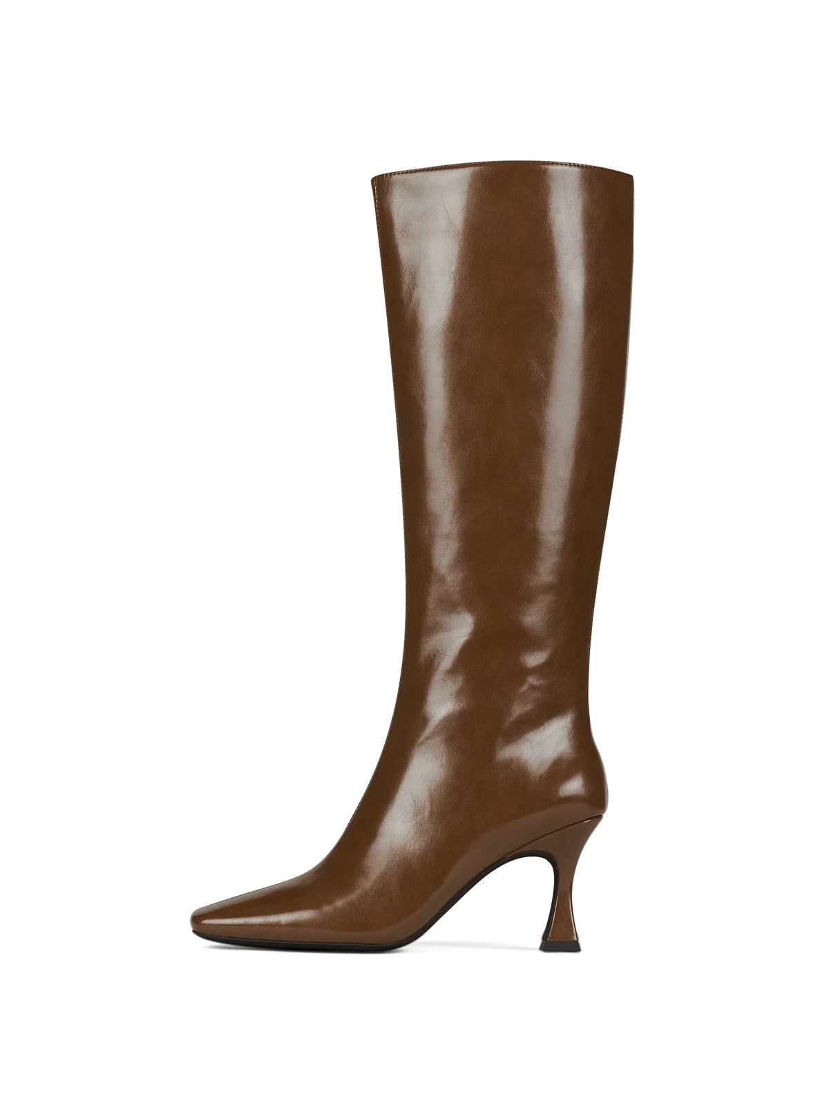 Dark Beige Square-Toe Wide Calf Simple Knee High Stiletto Boots