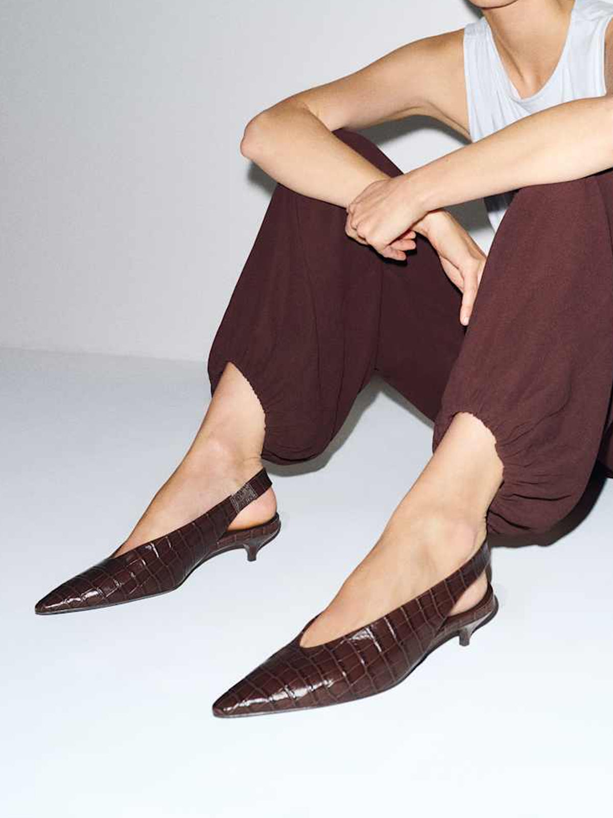Chocolate Crocodile Pattern Pointed-Toe Slingback Simple Kitten Heels