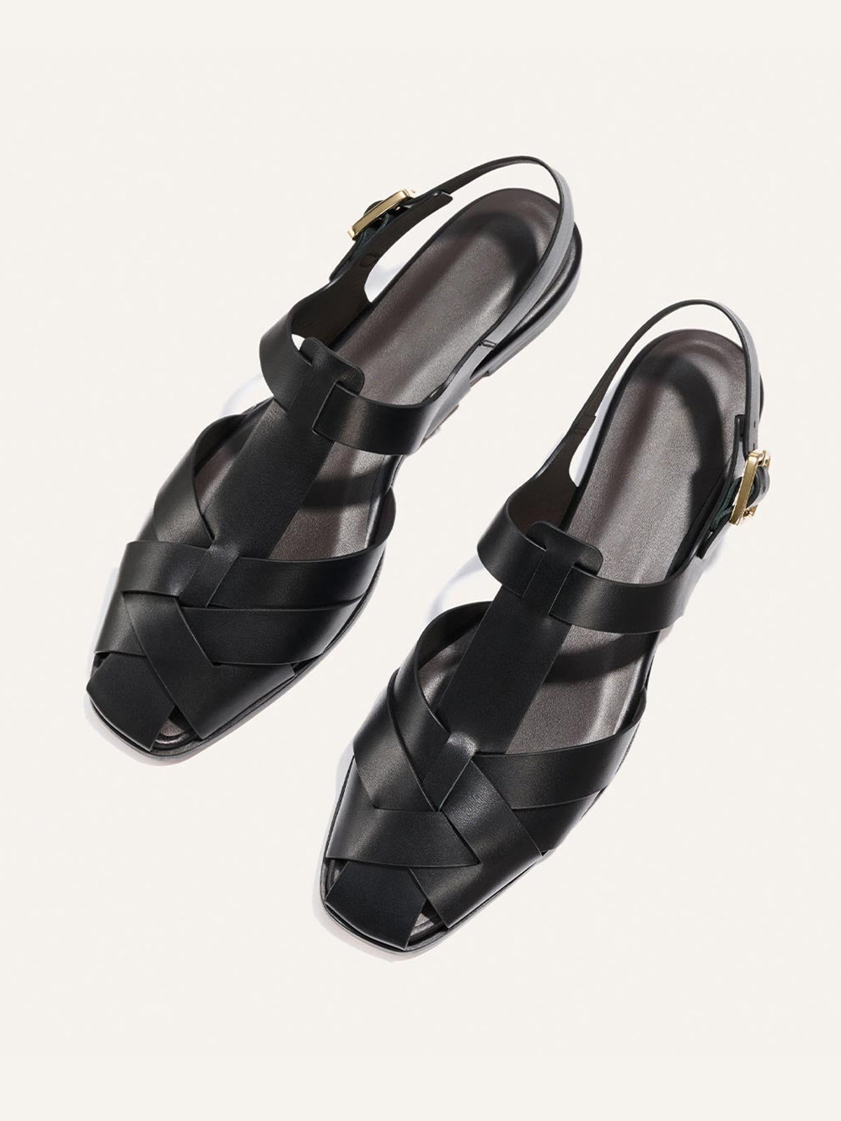 Black Cow Leather Square-Toe Caged Fisherman Chic Flats