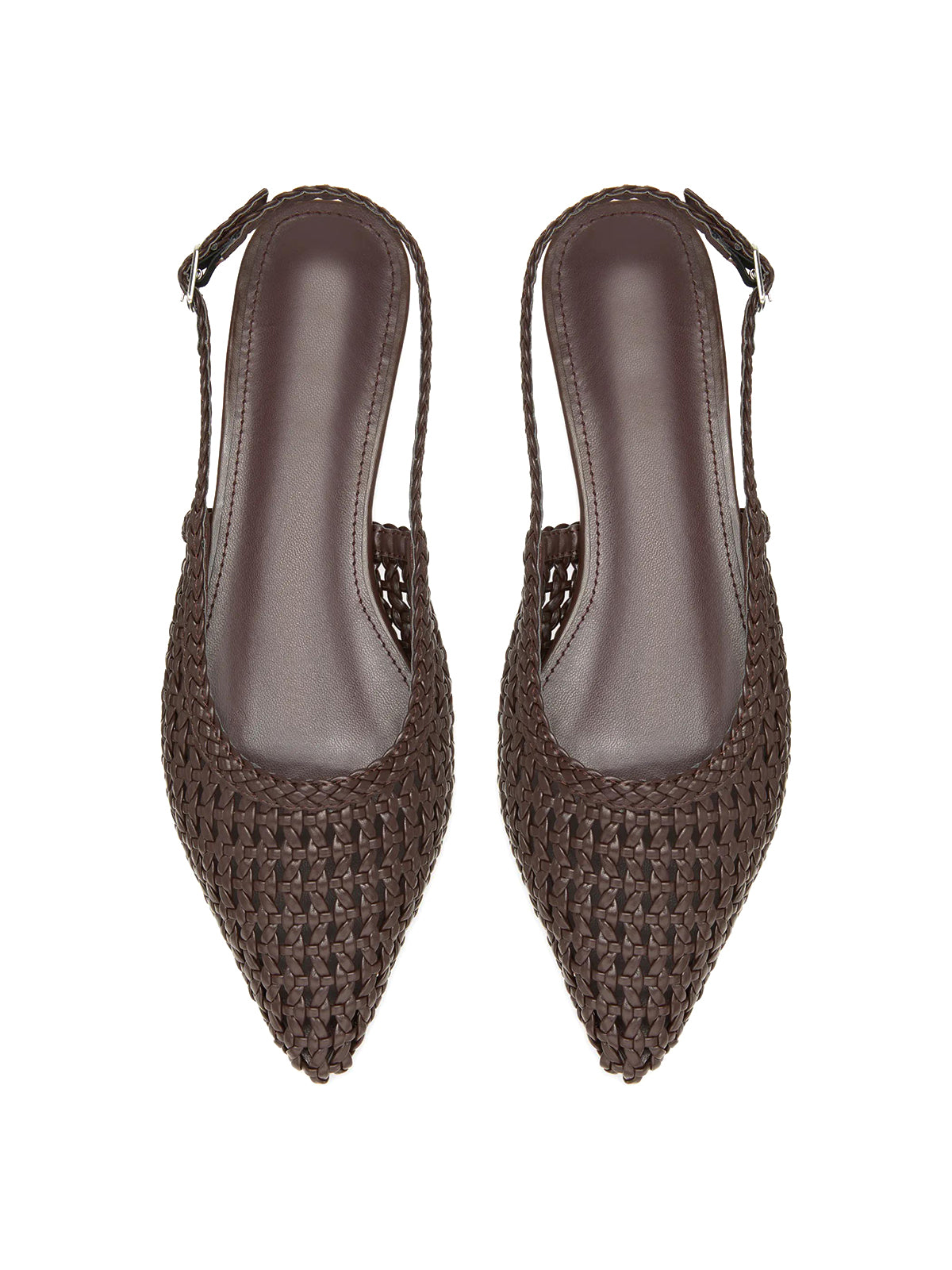Coffee Woven Vegan Leather Pointed-Toe Classic Back Strap Flats