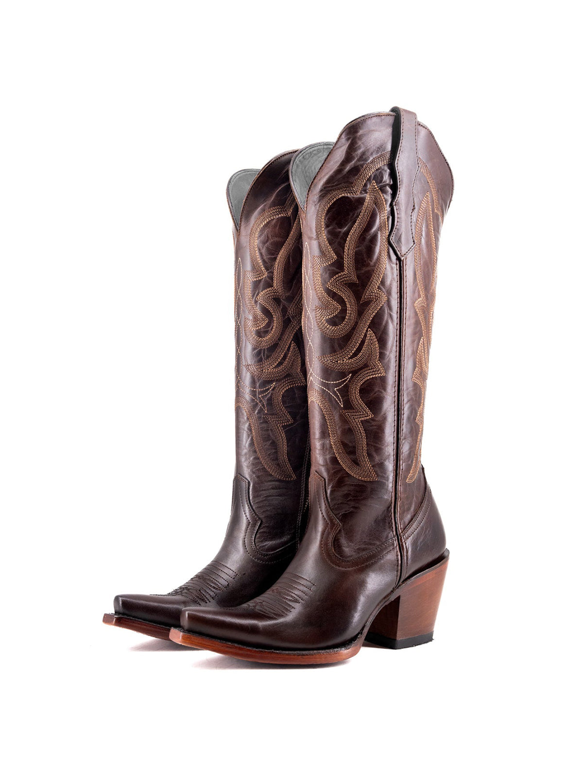 Western Snip-Toe Embroidery Half-Zip Knee High Chic Cowgirl Boots - Chocolate