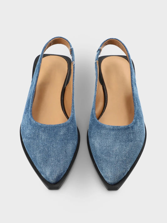 Blue Denim Pointed-Toe Classic Back Strap Simple Flats