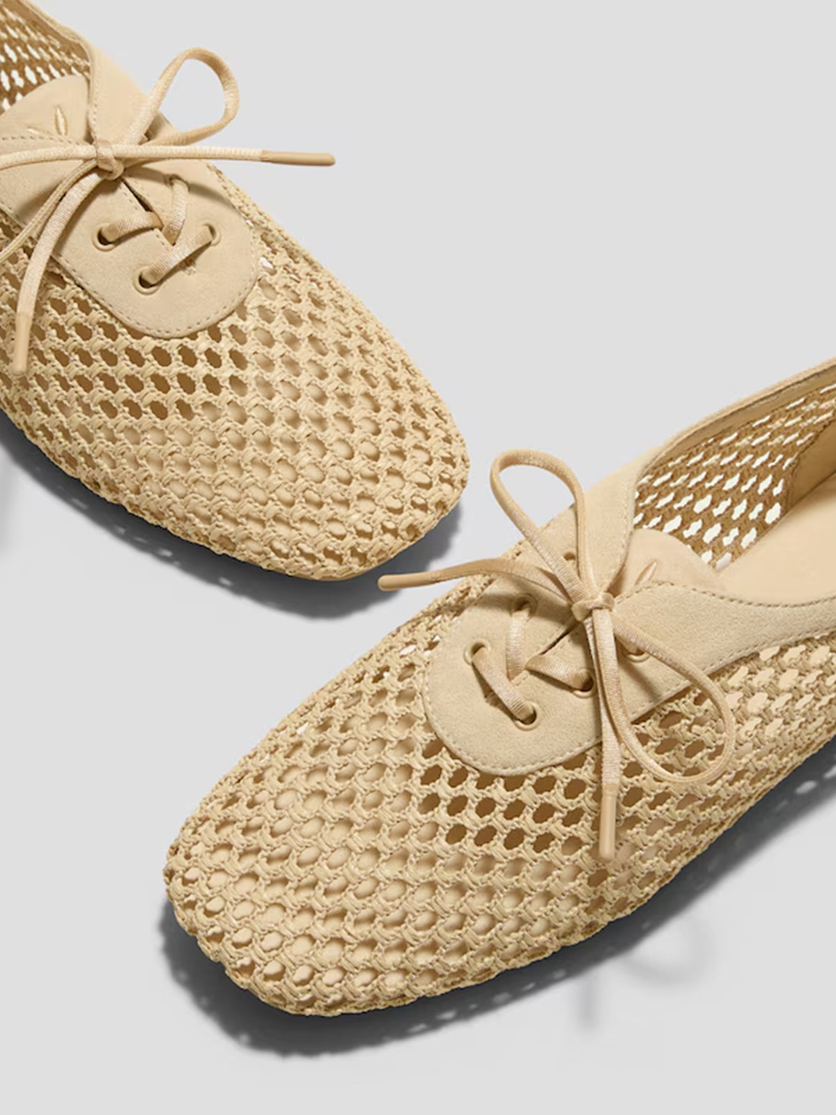 Nude Grass Woven And Faux Suede Square-Toe Lace-Up Chic Flats