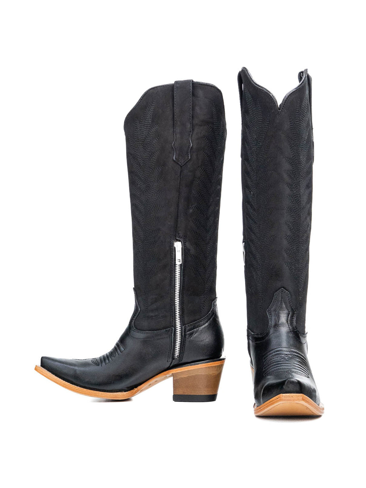 Black Faux Suede And Vegan Leather Snip-Toe Embroidery Half-Zip Knee High Chic Cowgirl Boots